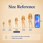 ChronoFig custom 3D figurine size guide showing 5 cm (1.97 in), 7 cm (2.76 in), 9 cm (3.54 in), 12 cm (4.72 in), and 15 cm (5.91 in) options, with 9 cm marked as most popular.