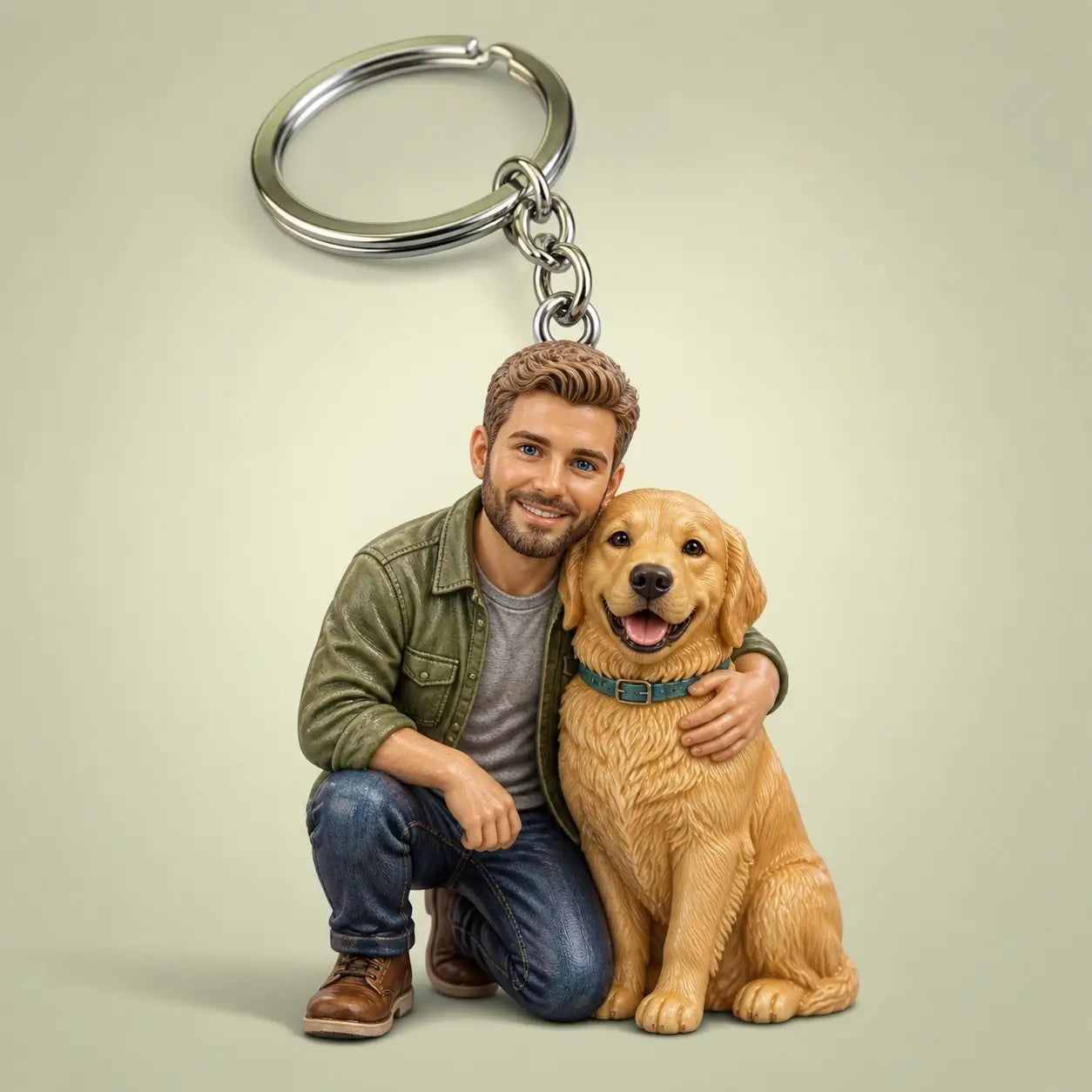 Personalized ChronoFig keychain figurine featuring one person and one pet