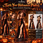 ChronoFig Halloween custom 3D figurine from photo showing expressive face, detailed costume, resin finish and quality comparison