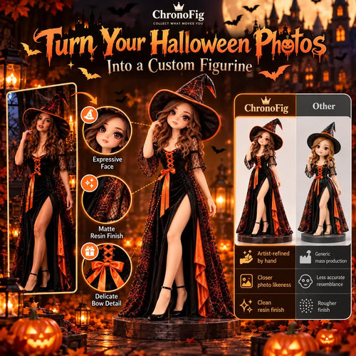 ChronoFig Halloween custom 3D figurine from photo showing expressive face, detailed costume, resin finish and quality comparison