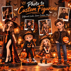 Custom Halloween 3D figurines created from different photos, featuring personalized witch, kids and adult designs by ChronoFig