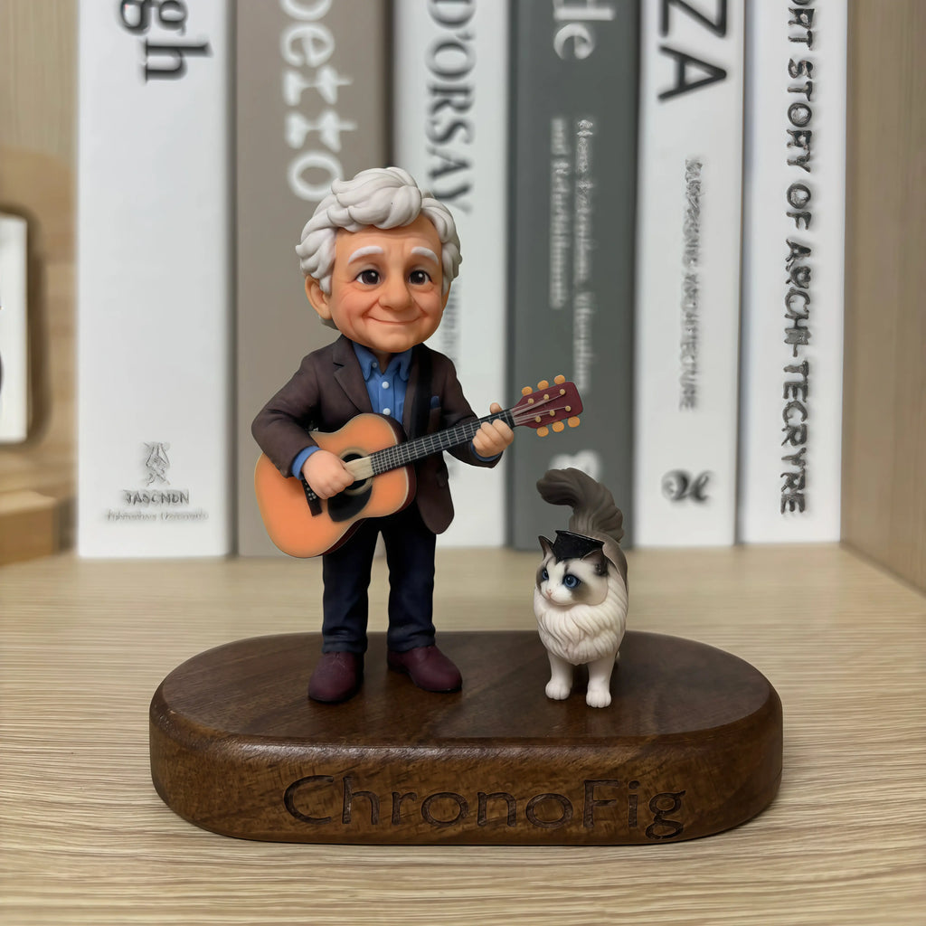 Real product photo of a personalized ChronoFig An elderly man playing the guitar 3D figurine created from a photo and displayed on a wooden base.