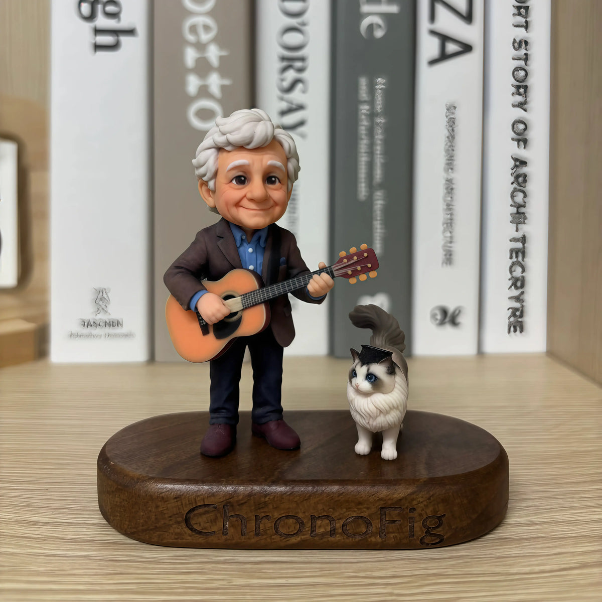 Real product photo of a personalized ChronoFig An elderly man playing the guitar 3D figurine created from a photo and displayed on a wooden base.