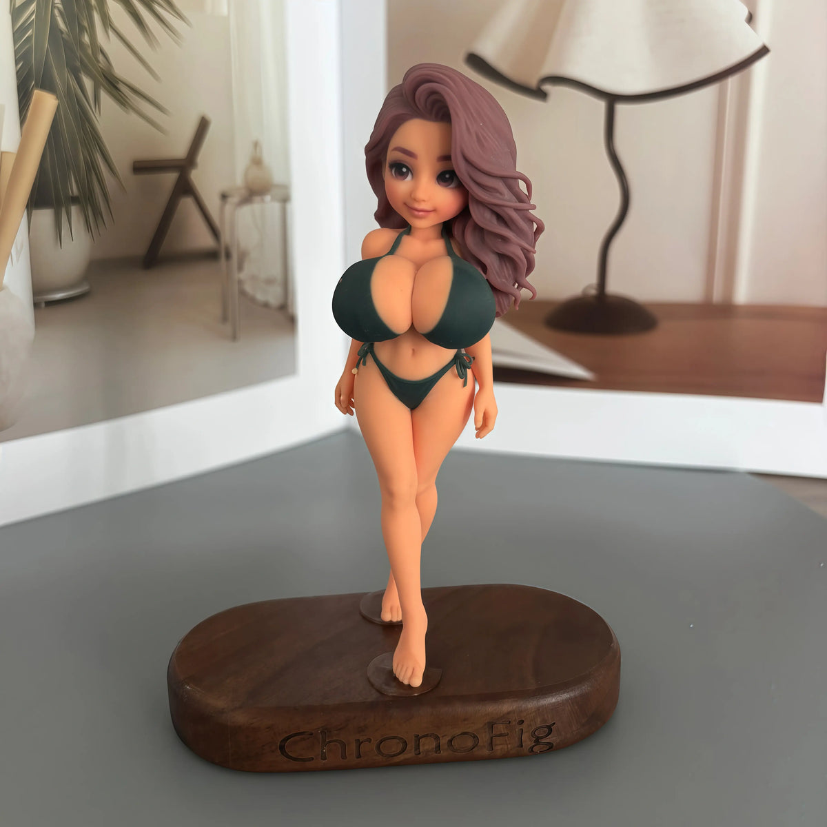 Real product photo of a personalized ChronoFig Bikini girl 3D figurine created from a photo and displayed on a wooden base.