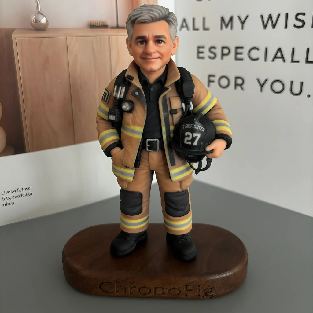 Real product photo of a personalized ChronoFig Firefighter 3D figurine created from a photo and displayed on a wooden base.