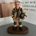 Real product photo of a personalized ChronoFig Firefighter 3D figurine created from a photo and displayed on a wooden base.
