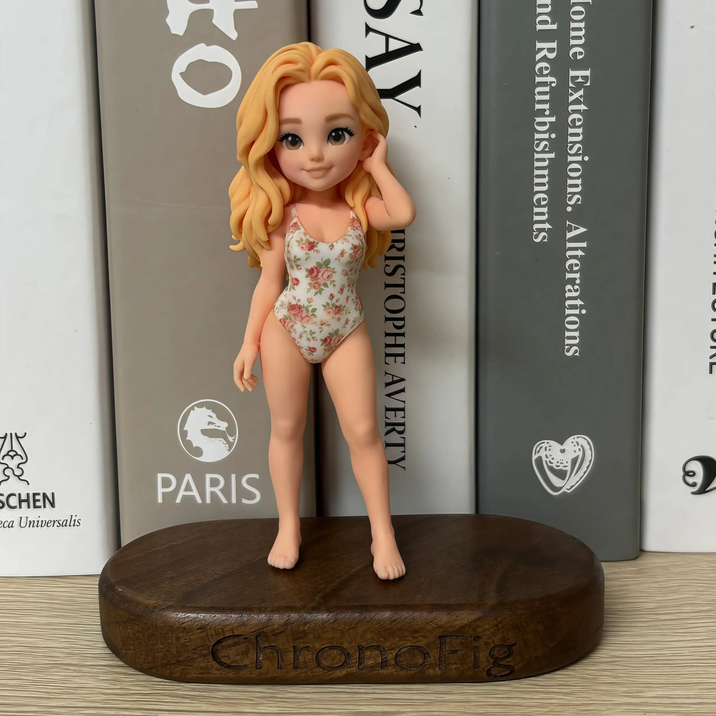 Real product photo of a personalized ChronoFig Girl in a swimsuit 3D figurine created from a photo and displayed on a wooden base.