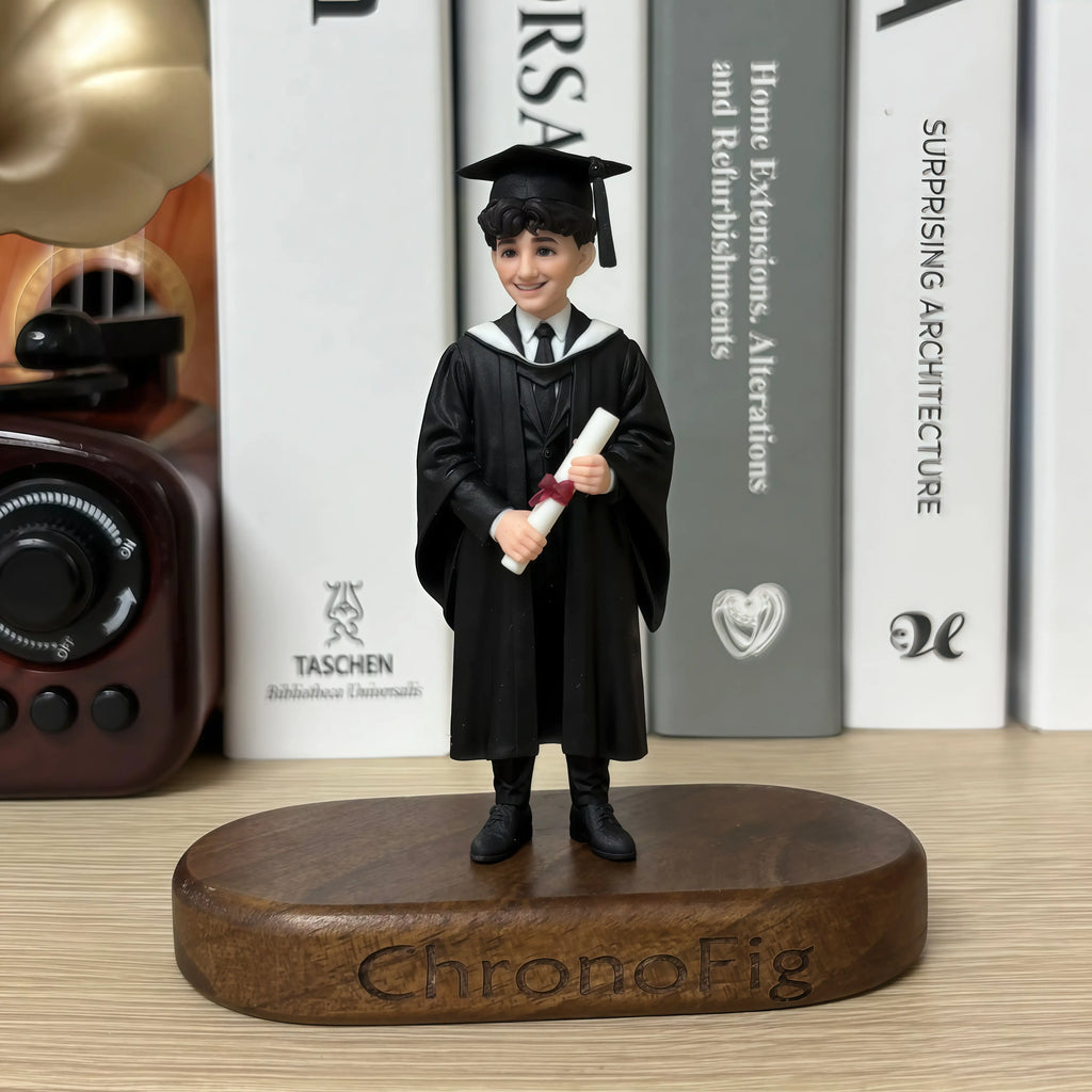 Real product photo of a personalized ChronoFig Graduating Boy 3D figurine created from a photo and displayed on a wooden base.