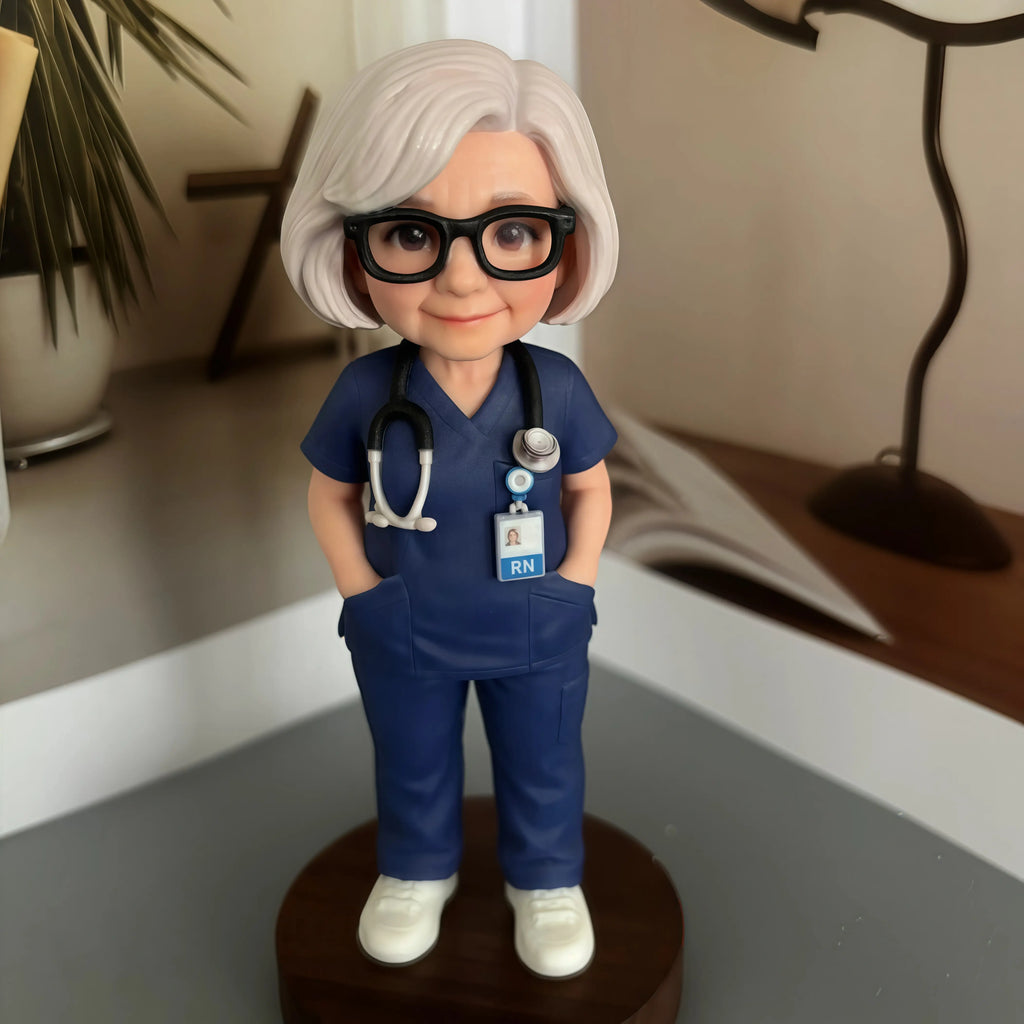 Real product photo of a personalized ChronoFig Nurse 3D figurine created from a photo and displayed on a wooden base.