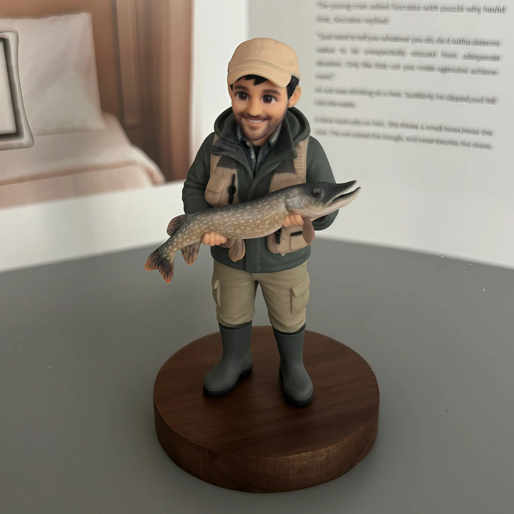 Real product photo of a personalized ChronoFig the Angler 3D figurine created from a photo and displayed on a wooden base.
