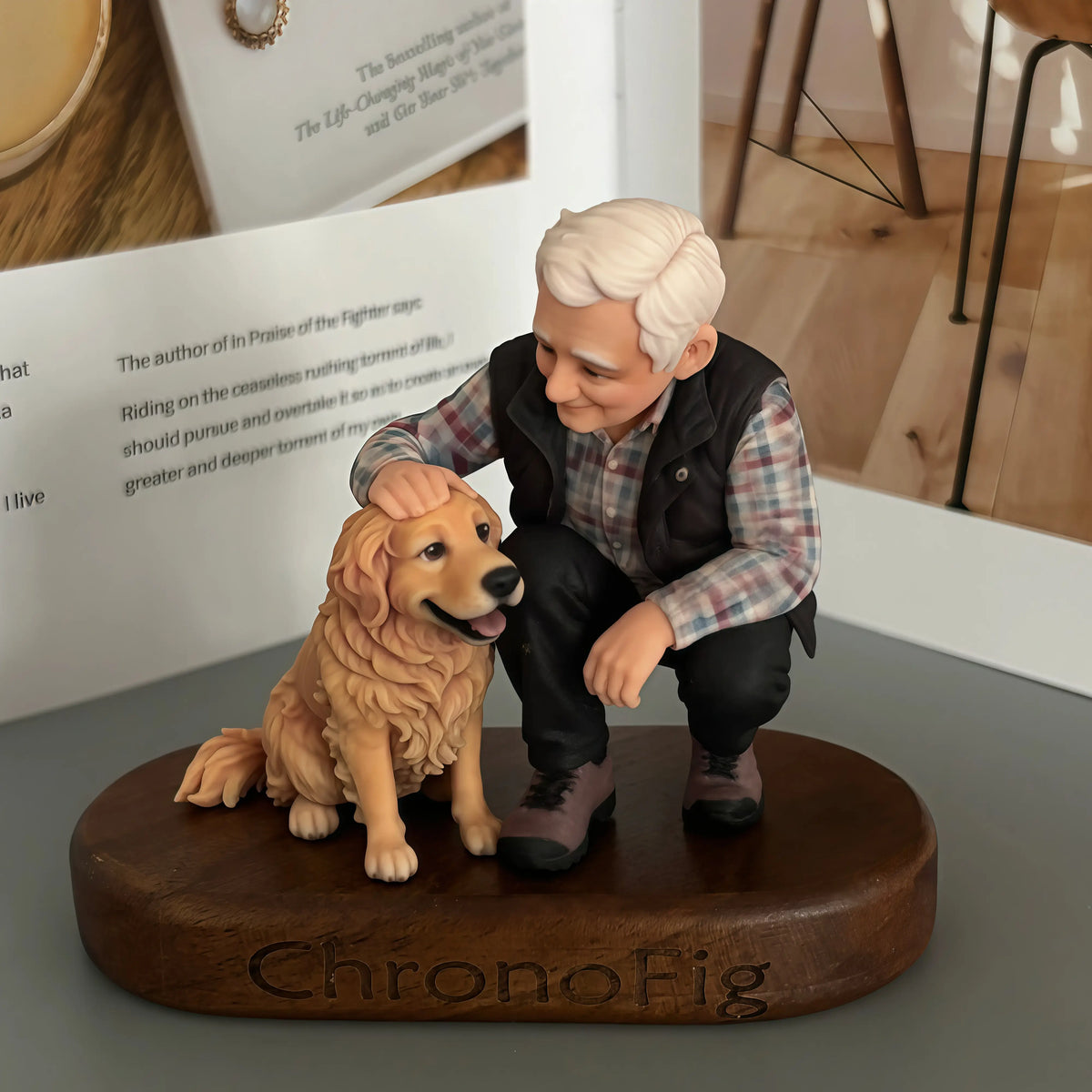 Real product photo of a personalized ChronoFig The Elderly and Their Pets 3D figurine created from a photo and displayed on a wooden base.