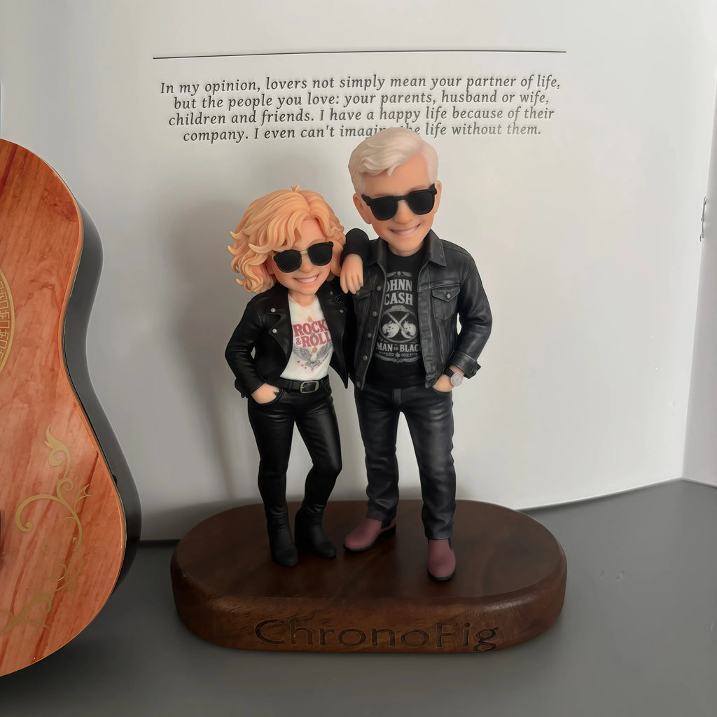 Real product photo of a personalized ChronoFig Trendy Couple 3D figurine created from a photo and displayed on a wooden base.