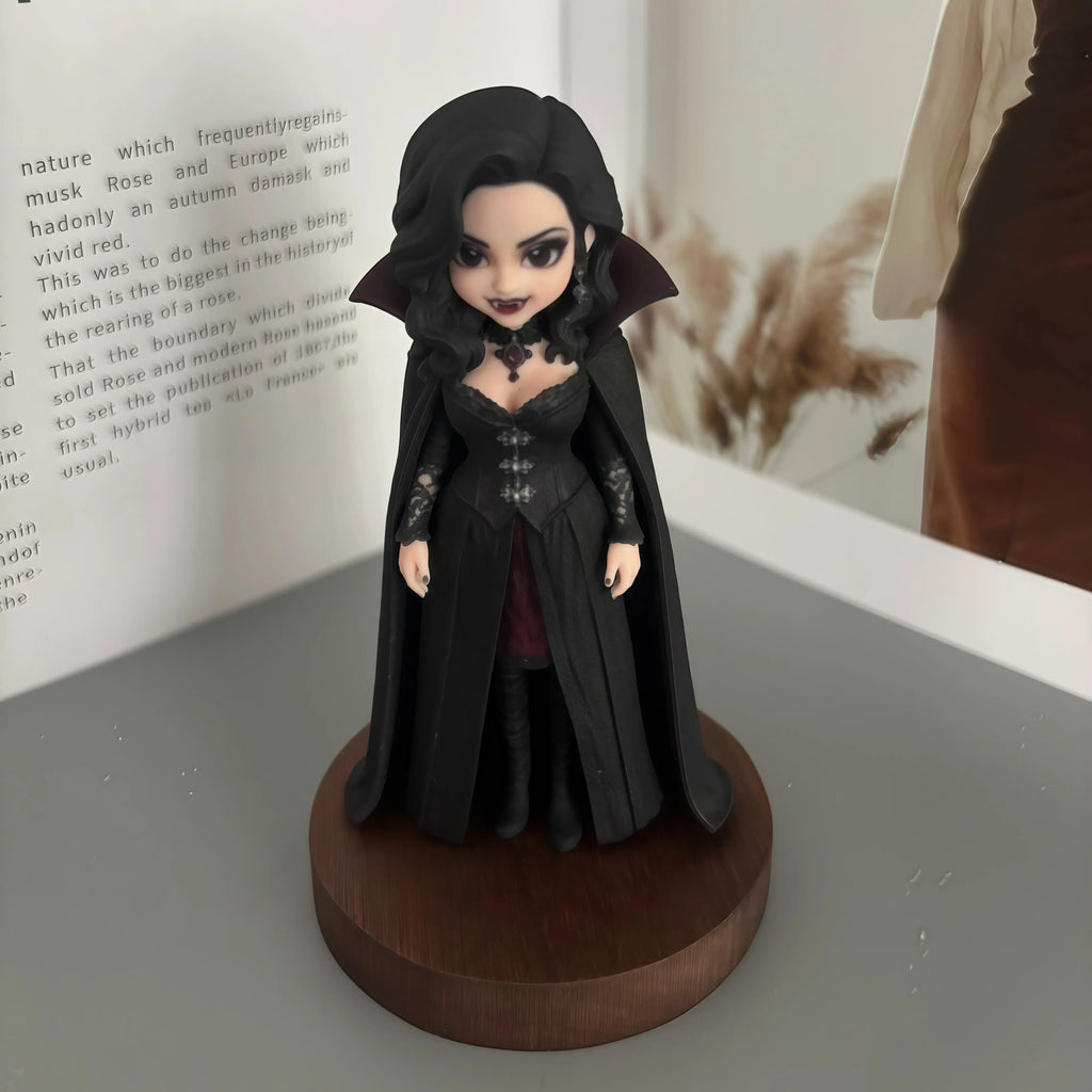 Real product photo of a personalized ChronoFig vampire 3D figurine created from a photo and displayed on a wooden base.