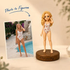 Main product image showing a customer's photo transformed into a personalized ChronoFig figurine in Girl in a swimsuit style.