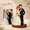Main product image showing a customer's photo transformed into a personalized ChronoFig figurine in Newlyweds style.