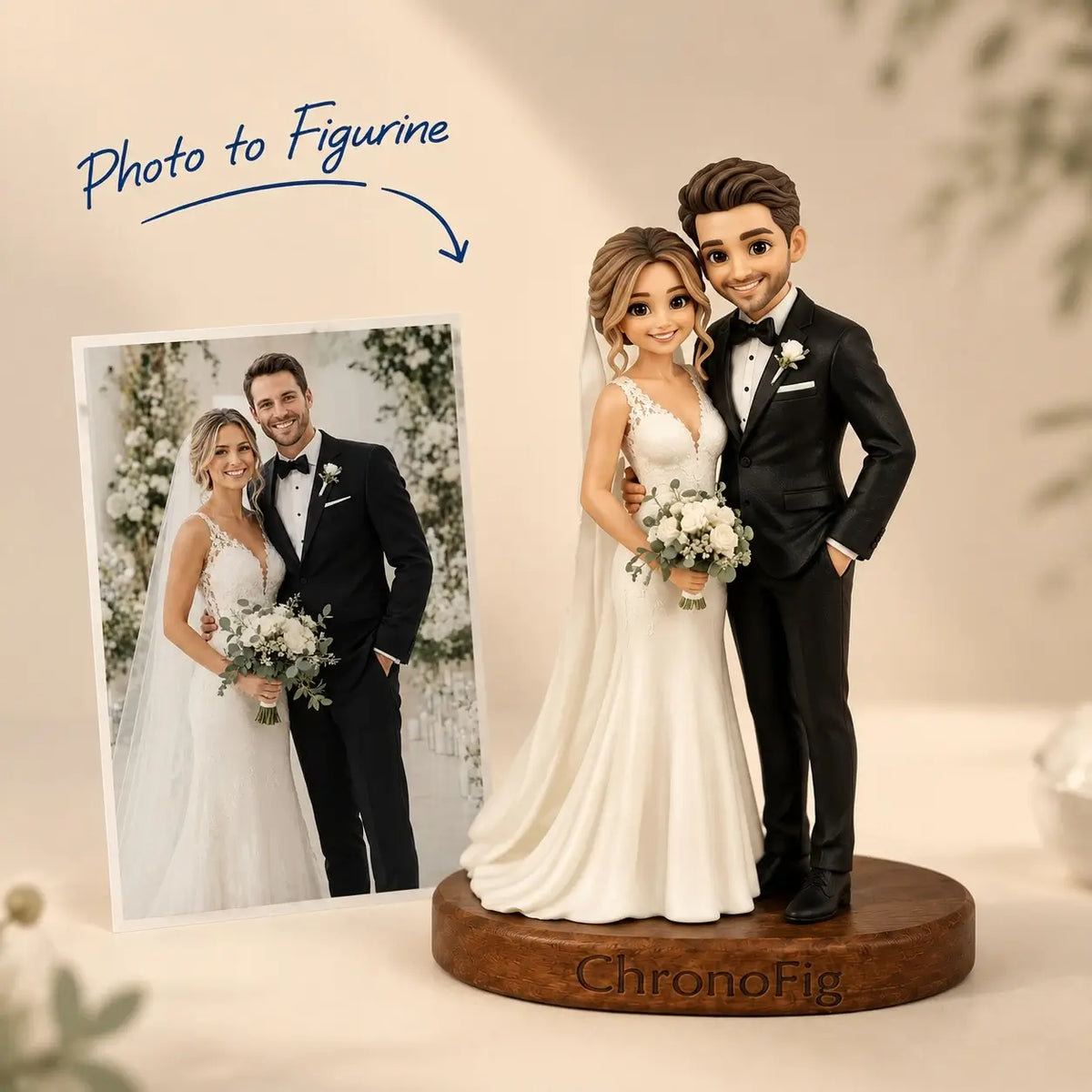 Main product image showing a customer's photo transformed into a personalized ChronoFig figurine in Newlyweds style.