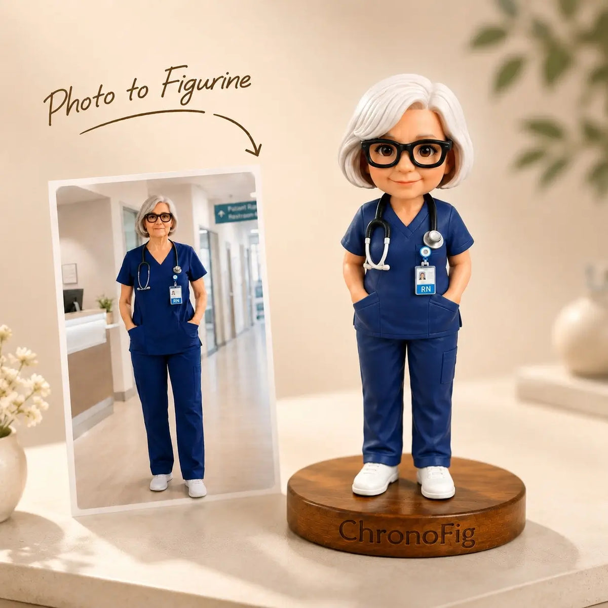 Main product image showing a customer's photo transformed into a personalized ChronoFig figurine in Nurse style.