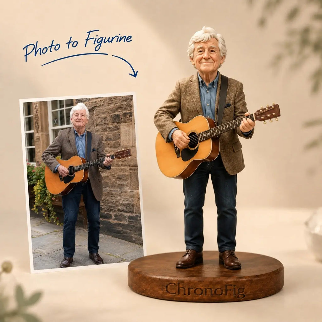Main product image showing a customer's photo transformed into a personalized ChronoFig figurine in The old man playing the guitar style.