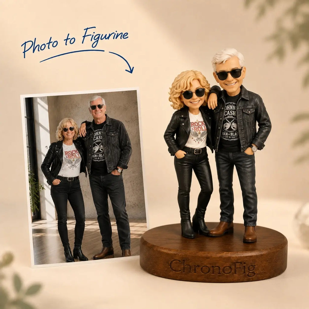 Main product image showing a customer's photo transformed into a personalized ChronoFig figurine in Trendy Couple style.