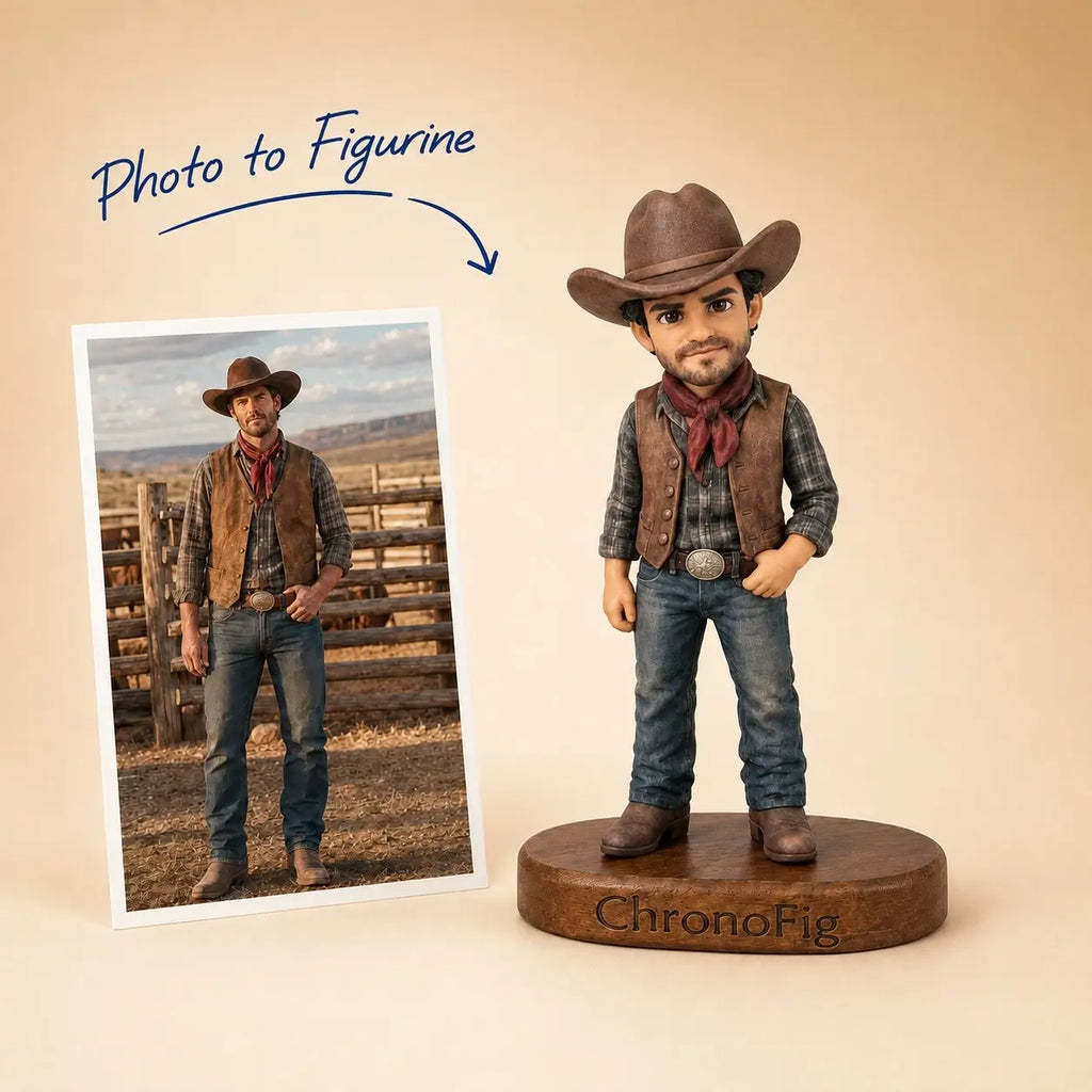 Main product image showing a customer's photo transformed into a personalized ChronoFig figurine in cowboy style.