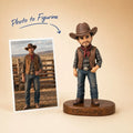 Main product image showing a customer's photo transformed into a personalized ChronoFig figurine in cowboy style.