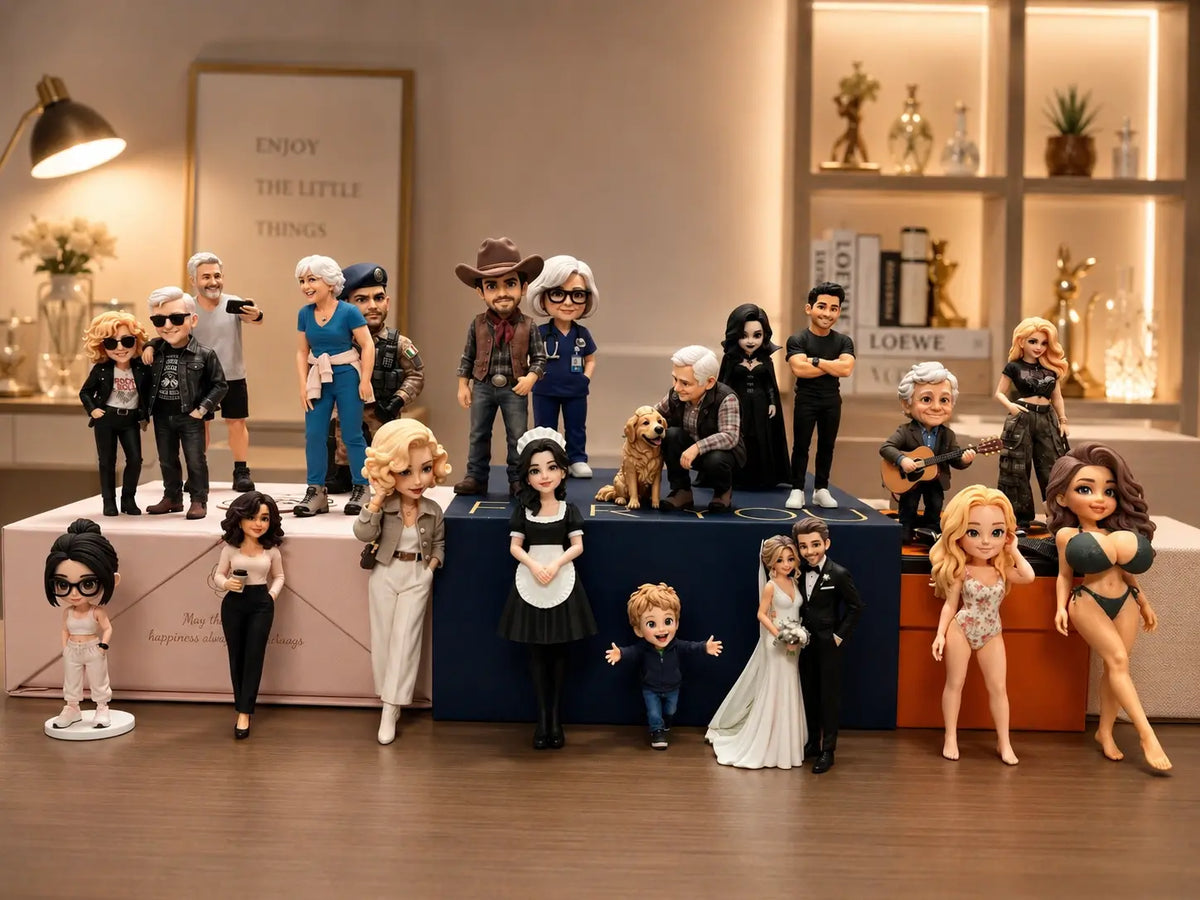 Real product showcase of custom 3D figurines in different personalized styles