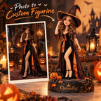 Personalized Halloween 3D figurine from photo with custom witch costume, detailed base and ChronoFig design