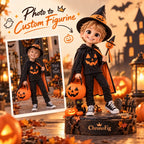 Personalized Halloween 3D figurine of a boy in a pumpkin costume, created from a photo by ChronoFig