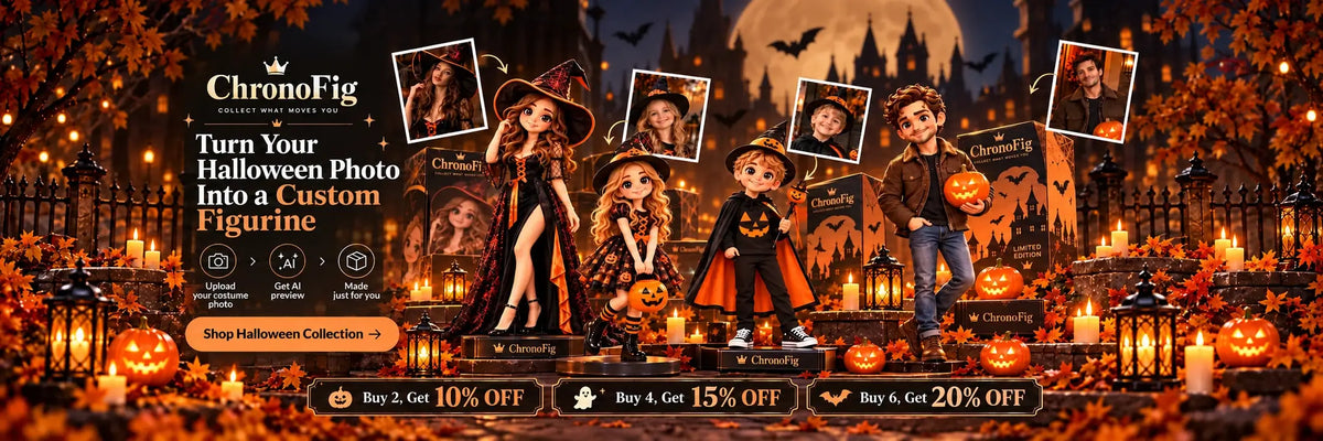 Custom Halloween figurines from photos featuring witch, pumpkin and costume 3D figures by ChronoFig