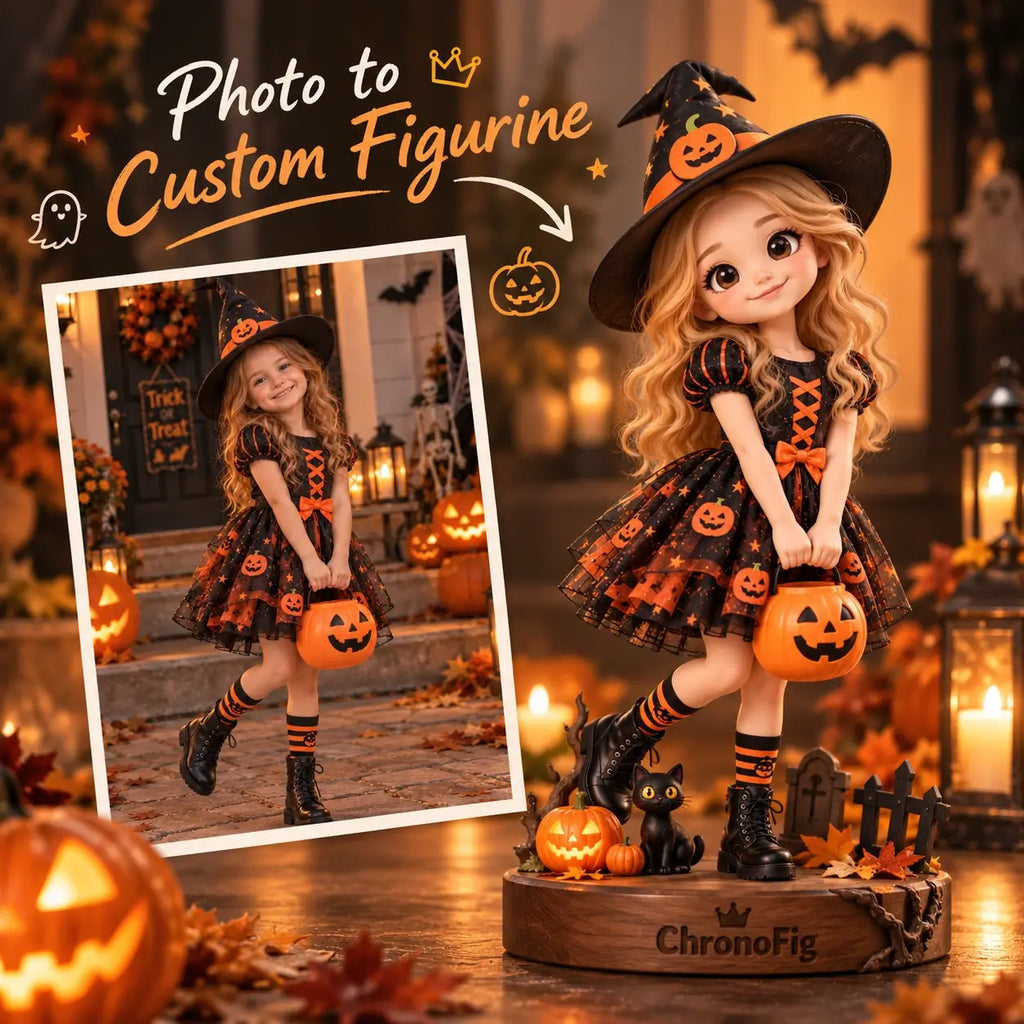 Personalized Halloween 3D figurine of a child in a witch costume, created from a photo by ChronoFig