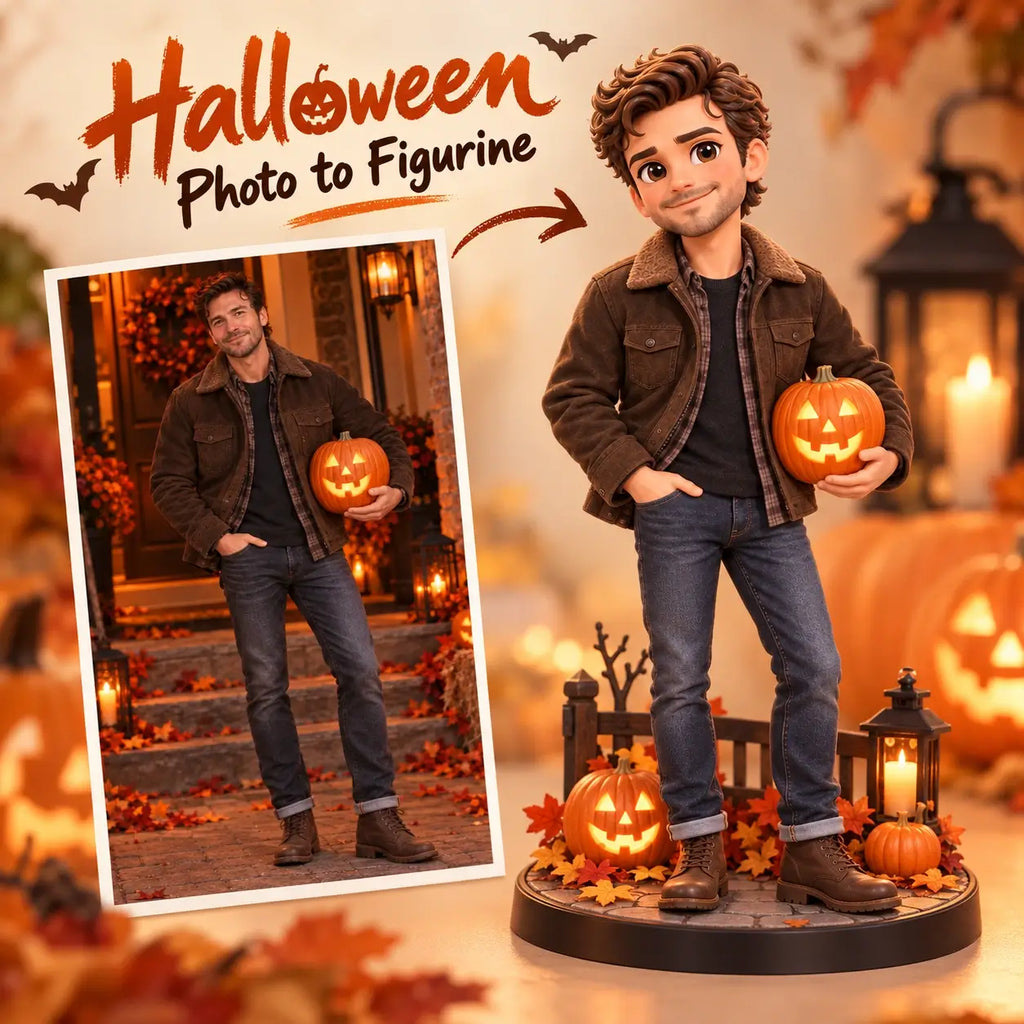Personalized Halloween 3D figurine of a man holding a pumpkin, created from a photo by ChronoFig
