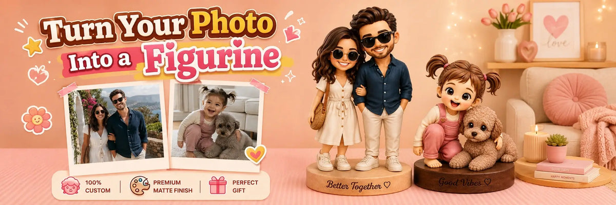 Turn your photo into a custom 3D figurine with personalized couple, child and pet figurine examples.